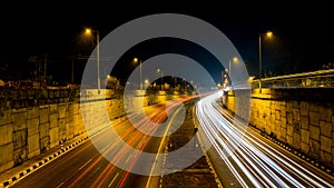 Long exposure shot of light trails of busy trafic freeway