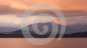 Long Exposure Shot of Lake, Mountains and Cloudy Sky