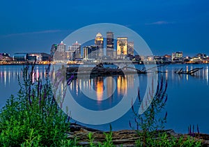 Long exposure shot of Louisville, Kentucky and the Ohio River with a fallen tree during a blue hour.