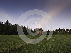 Long exposure shot of single round haystack in the meadow during summer blue hour at evening, cattle fodder in countryside