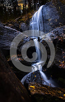 Long exposure shot of a waterfall cascading into a lush, green forest.