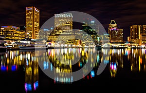 Long exposure of the skyline at night, from the Inner Harbor in