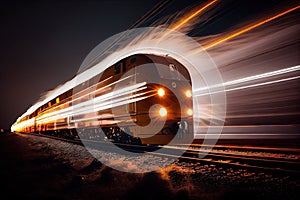 long exposure of speeding train, with lights and sparks flying past