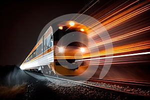 long exposure of speeding train, with lights and sparks flying past