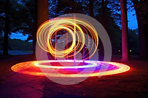 long exposure of spinning rainbow-colored led lights