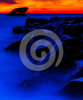 Long exposure at sunset of the USS Atlantis shipwreck at Sunset Beach, Cape May. NJ