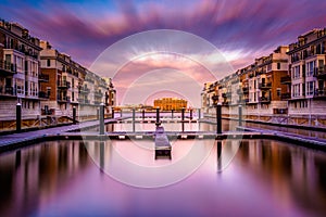 Long exposure at sunset of waterfront condominiums at the Inner