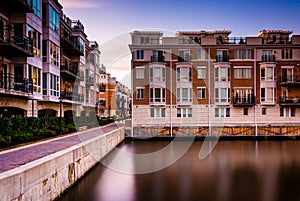 Long exposure at sunset of waterfront condominiums at the Inner
