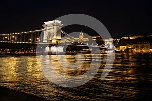 Long exposure of SzÃ©chenyi Chain Bridge, Buda Castle and the Danube River