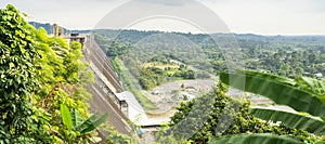 Long exposure top view photo of water release at spillway or overflows at big dam Khun Dan Prakan Chon dam in Nakhon Nayok photo