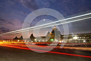 Long exposure Traffic shot of  Vidhana Soudha the state legislature building in Bangalore,Kanataka, India