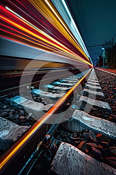 Long exposure of train passing by at night creating vibrant light trails along the railway tracks