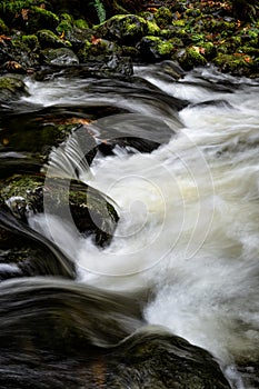 Long exposure vertical shot of a creek flowing through rocks in Sooke, Vancouver Island, BC Canada