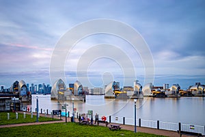 Long exposure view of Canary Wharf and Thames barrier in London