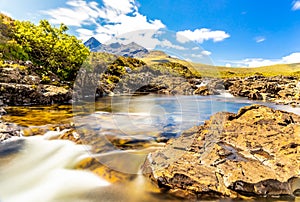 Long exposure view of Cuillin hills, a range of rocky mountains located on the Isle of Skye in Scotland