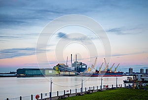 Long exposure view of London docklands at sunset