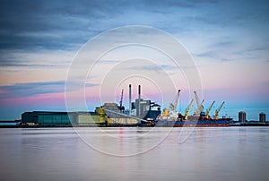 Long exposure view of London docklands at sunset