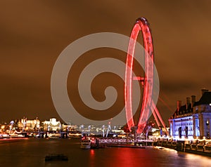 Long exposure view of the London Eye at night, England, UK. View from the River Thames.
