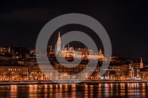 Long exposure view of Matyas matthias Church on Fisherman`s Bastion hill in Budapest in the night