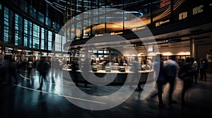 Long exposure view of a stock exchange room with burred people walking