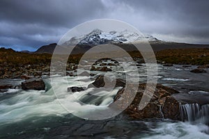Long exposure of water over rocks and small waterfall on the River Sligachan on the Isle of Skye Scotland with the Cuillin