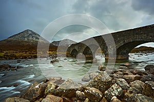 Long exposure of water with rocks in the foreground in front of the river and the old bridge over the river Sligachan on the Isle