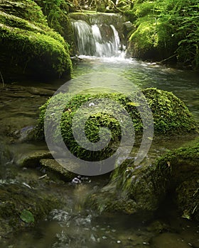 Long exposure of Water stream between mossy rocks