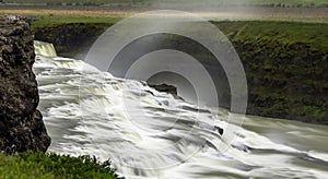 Long exposure of a waterfall in a rocky landscape in Iceland