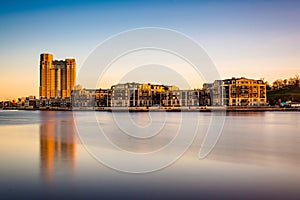 Long exposure of waterfront condominiums at the Inner Harbor in