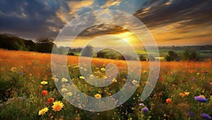 Long exposure wild flowers and clouds in a meadow