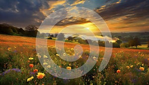 Long exposure wild flowers and clouds in a meadow