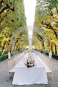 Long festive table with bouquets of flowers and lit candles stands in the green park of an ancient villa