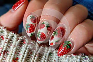 Long fingernails with red and white strawberry summer nail art design