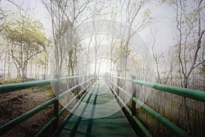 Long footpath or bridge in white fog to light at the end