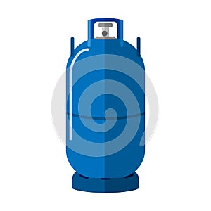 Long gas cylinder isolated on white background. High canister fuel storage. Blue propane bottle with two handle icon container in