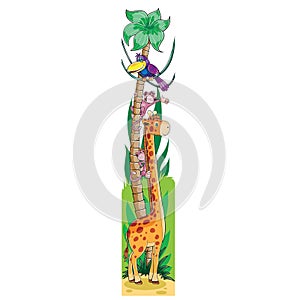 a long giraffe stands next to a palm tree on which a beautiful toucan sits, cartoon, vector