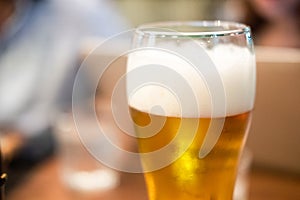 Long glass of fresh light beer with foam