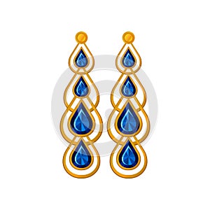Long gold earrings with sapphire. Vector illustration.