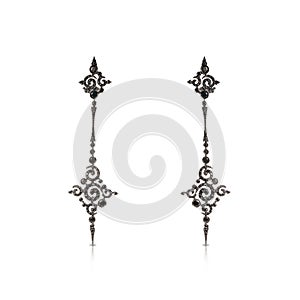 Long gold openwork earrings coated with black rhodium with black diamonds