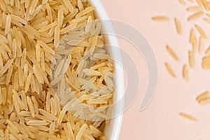 Long grain parboiled basmati rice, macro top view