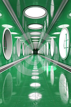 A long green hallway with circular windows and a white floor, AI