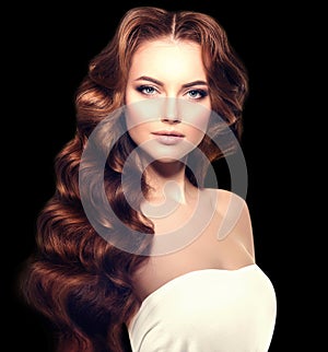 Long hair on a black background. Waves Curls Hairstyle. Hair Sal