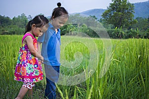 Long hair boy and little girl playing in rice field. and a girl she scared a muddy