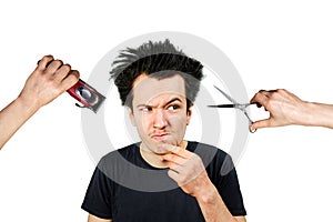 Long hair freak crazy man hold scissors, trimmer and guy want cut his hair. Concept for barber shop. isolated on white