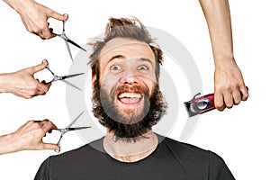 Long hair freak crazy man hold scissors, trimmer and guy want cut his hair. Concept for barber shop. isolated on white