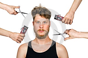 Long hair freak crazy man hold scissors, trimmer and guy want cut his hair. Concept for barber shop. isolated on white