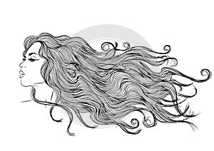 Long hair girl profile outline monochrome drawing