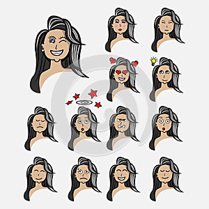 long hair girl Set emotions. Facial expression. Girl Avatar. Hand drawn style design illustrations
