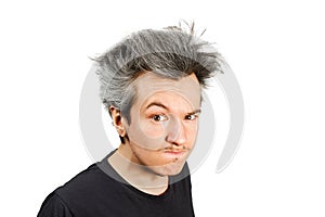 Long hair grey guy offended and matures on a white isolated background