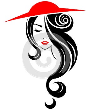 Long hair style icon, logo women face